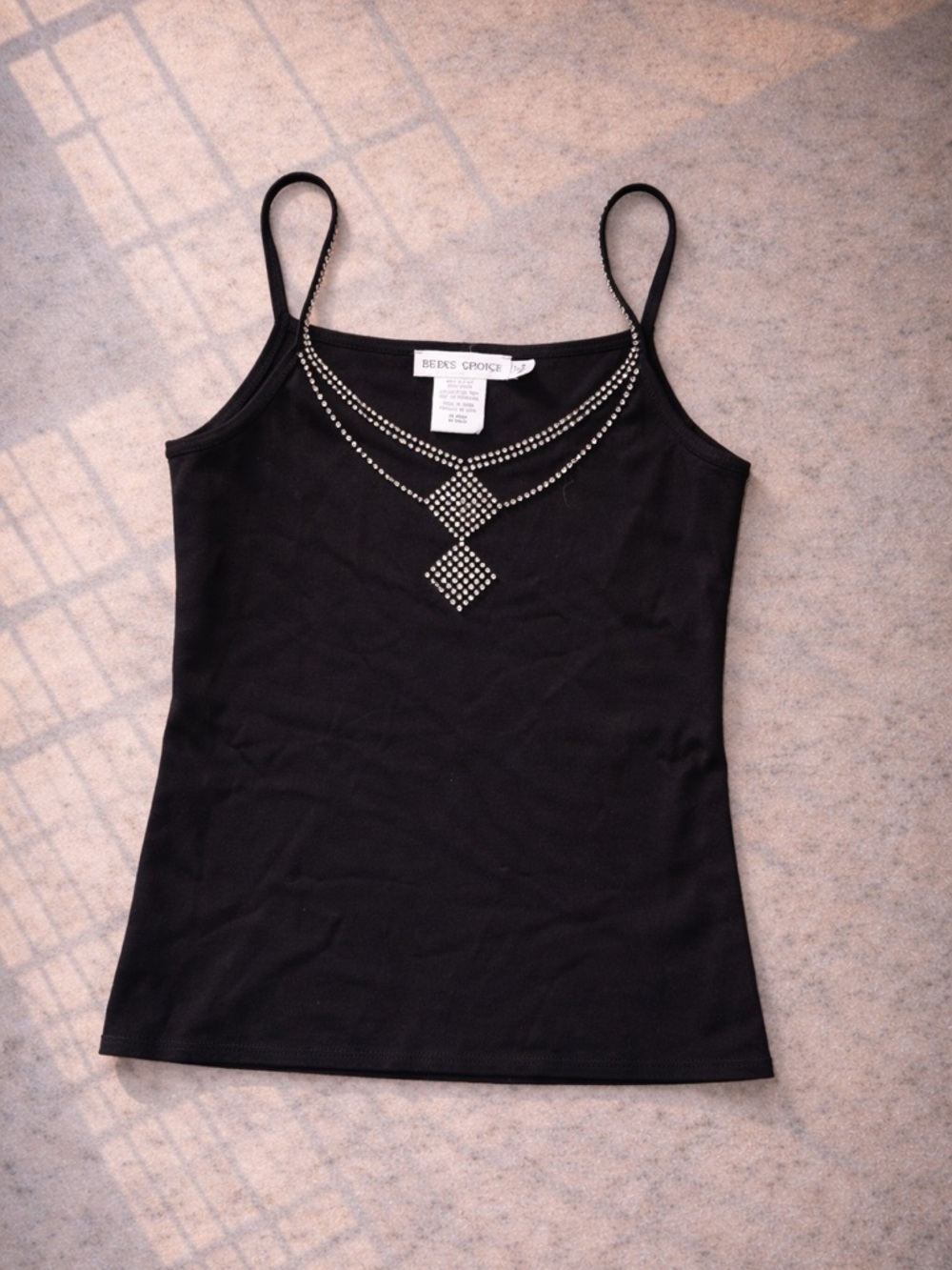 Y2K Vintage Rhinestone Cami Top Black Preppy Romantic Goth Spaghetti Strap